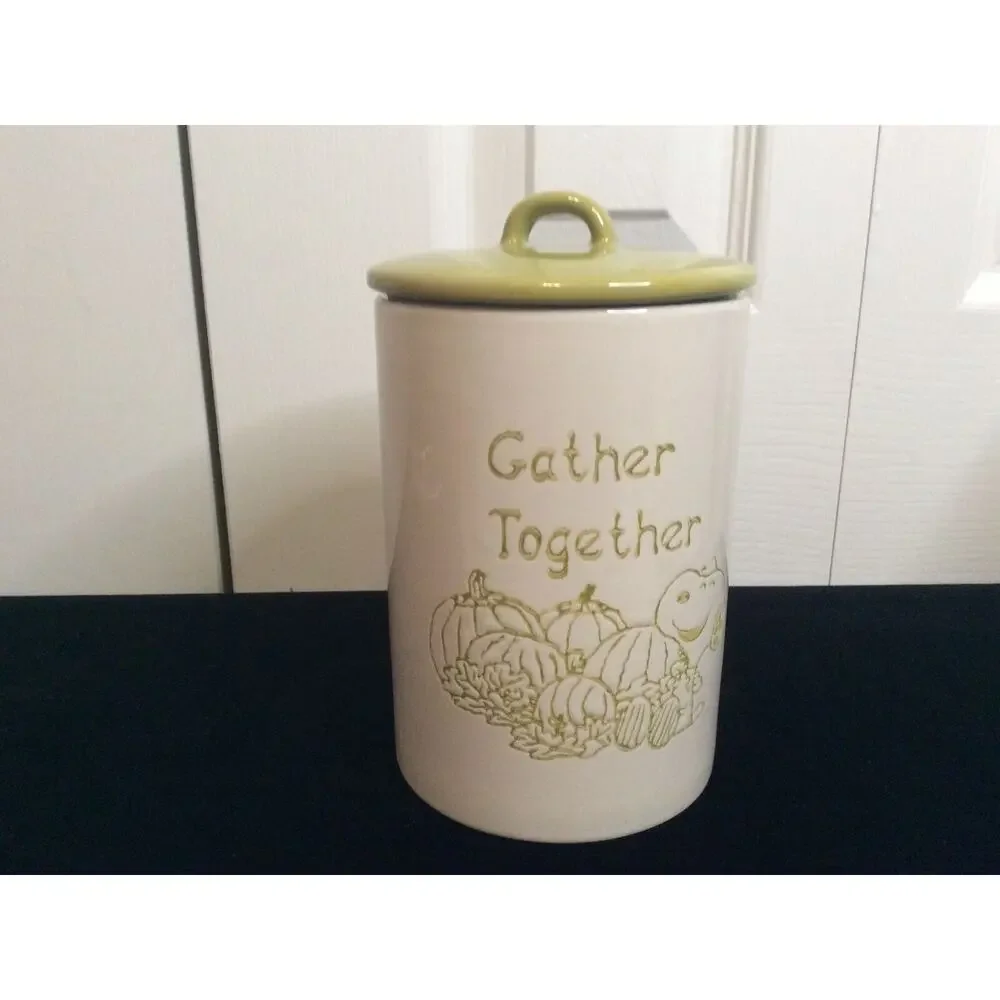 New Peanuts Autumn Green Lidded Ceramic Canister “Getting Together”